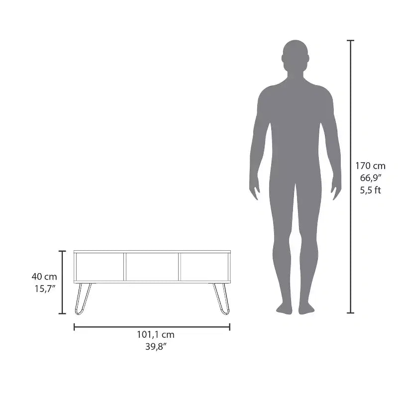 Gray Coffee Table with 2 Open Shelves, Hairpin Legs
