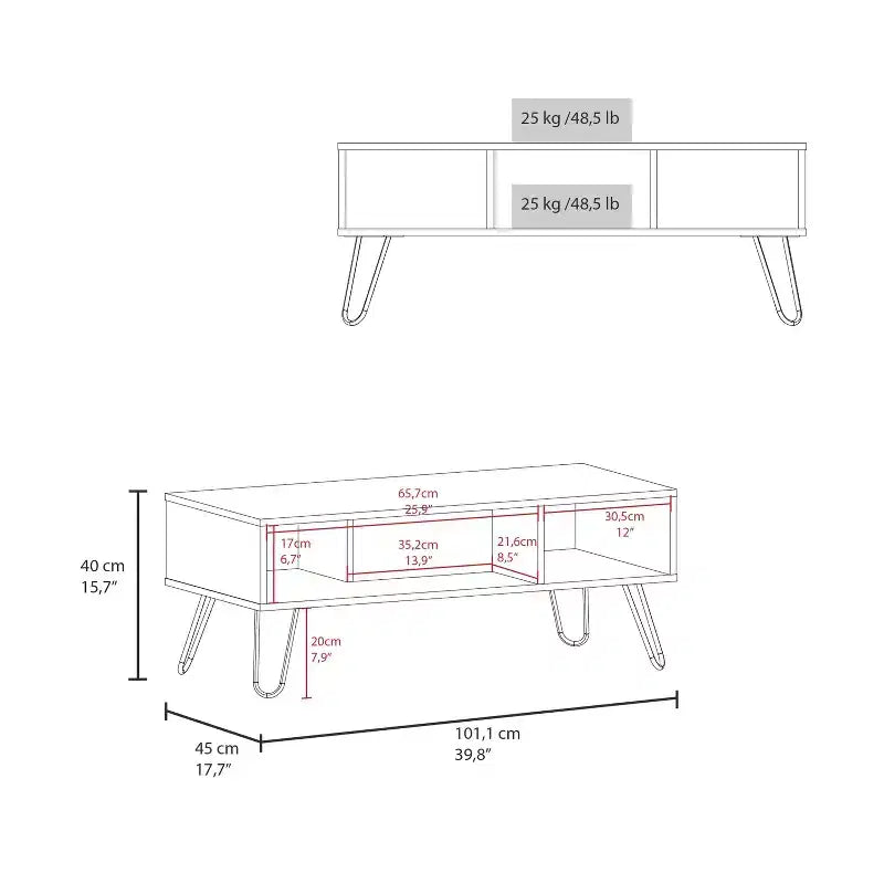 Gray Coffee Table with 2 Open Shelves, Hairpin Legs