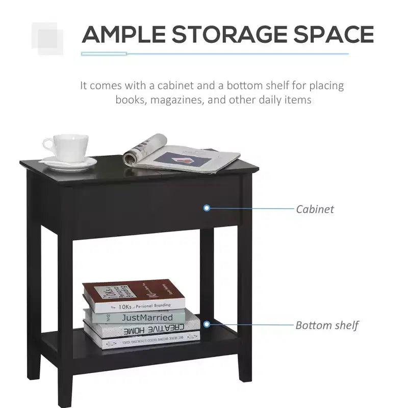 Dark Brown Narrow End Table with Flip Top Storage & Bottom Shelf