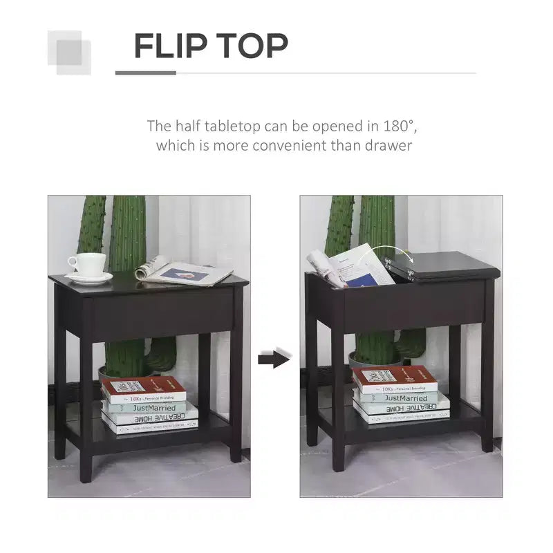 Dark Brown Narrow End Table with Flip Top Storage & Bottom Shelf