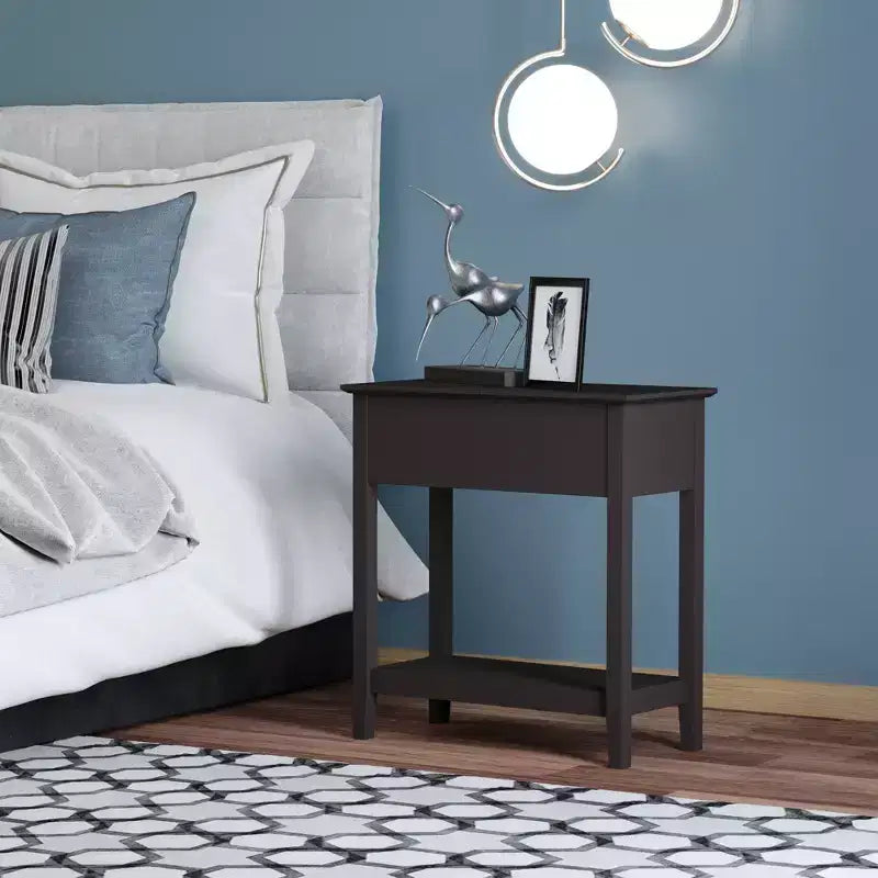 Dark Brown Narrow End Table with Flip Top Storage & Bottom Shelf