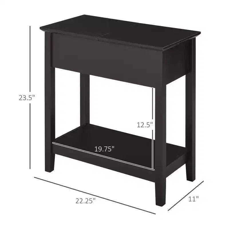 Dark Brown Narrow End Table with Flip Top Storage & Bottom Shelf