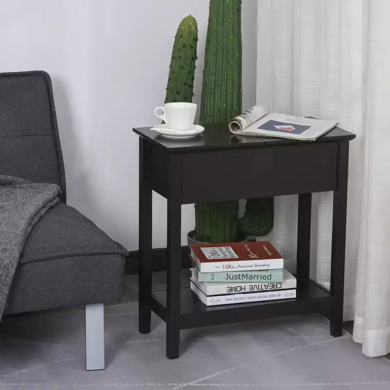 Dark Brown Narrow End Table with Flip Top Storage & Bottom Shelf