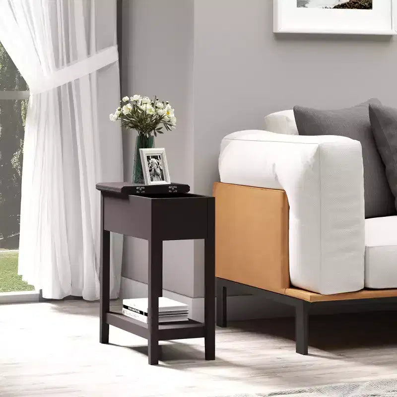 Dark Brown Narrow End Table with Flip Top Storage & Bottom Shelf