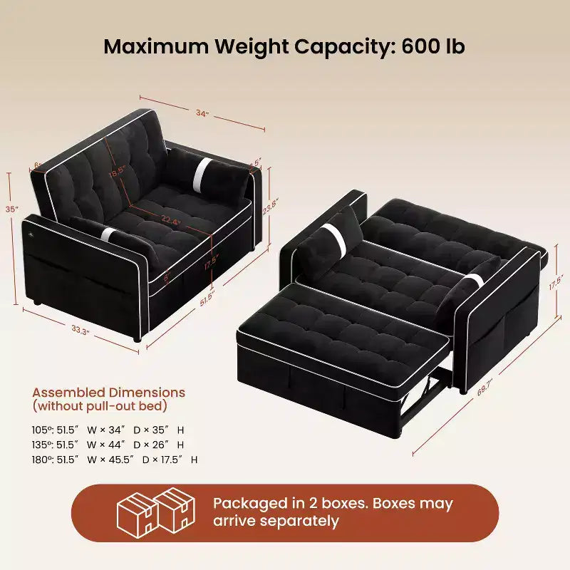 Beige/Black 3-in-1 Convertible Pull-Out Sofa Bed with USB Ports, 2-Seat