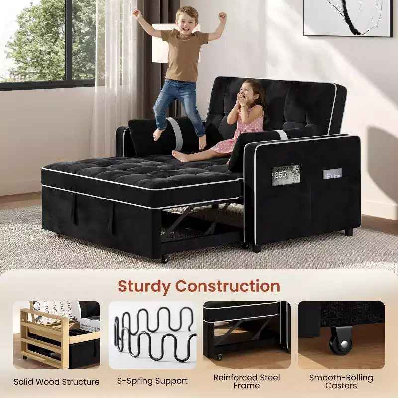 Beige/Black 3-in-1 Convertible Pull-Out Sofa Bed with USB Ports, 2-Seat