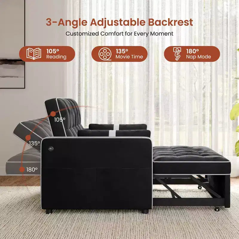 Beige/Black 3-in-1 Convertible Pull-Out Sofa Bed with USB Ports, 2-Seat