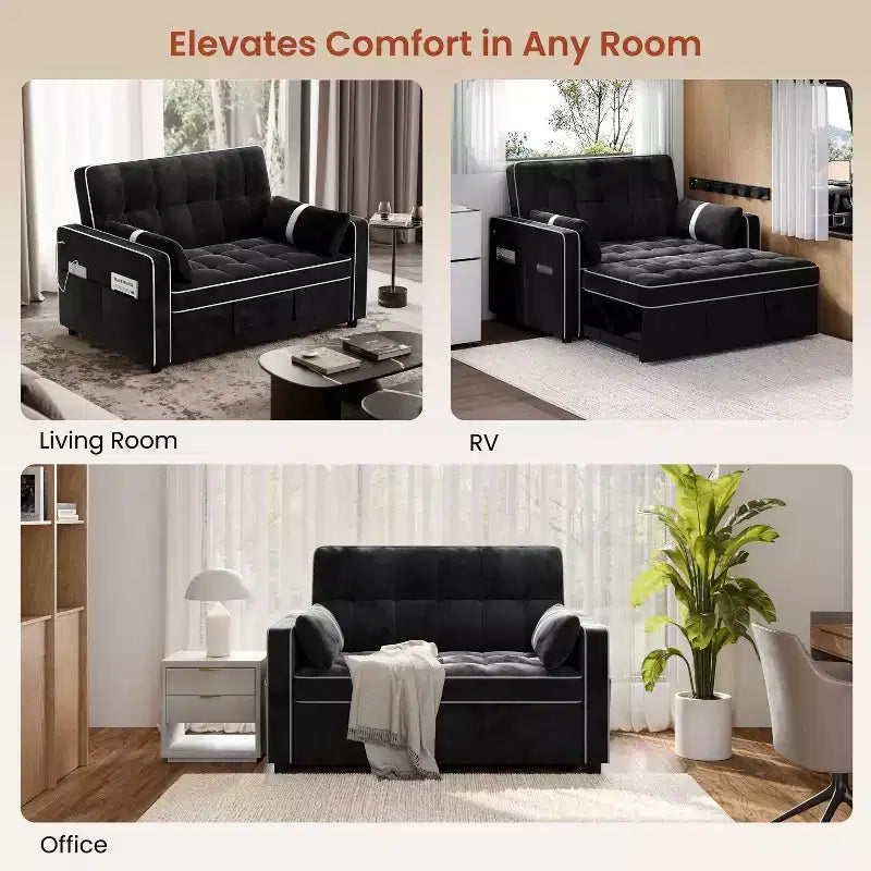 Beige/Black 3-in-1 Convertible Pull-Out Sofa Bed with USB Ports, 2-Seat