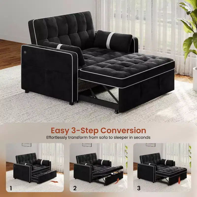 Beige/Black 3-in-1 Convertible Pull-Out Sofa Bed with USB Ports, 2-Seat