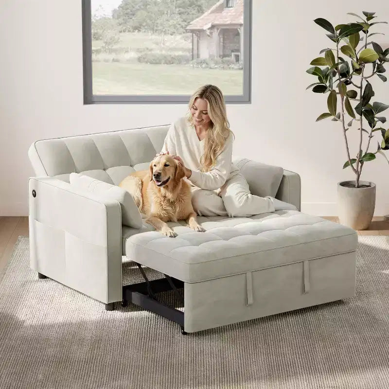 Beige/Black 3-in-1 Convertible Pull-Out Sofa Bed with USB Ports, 2-Seat