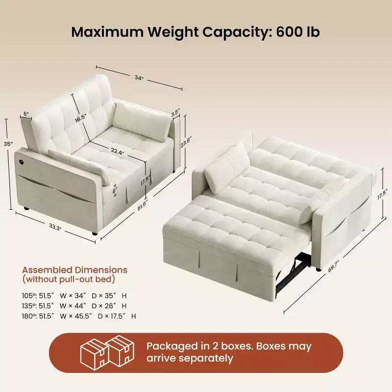 Beige/Black 3-in-1 Convertible Pull-Out Sofa Bed with USB Ports, 2-Seat