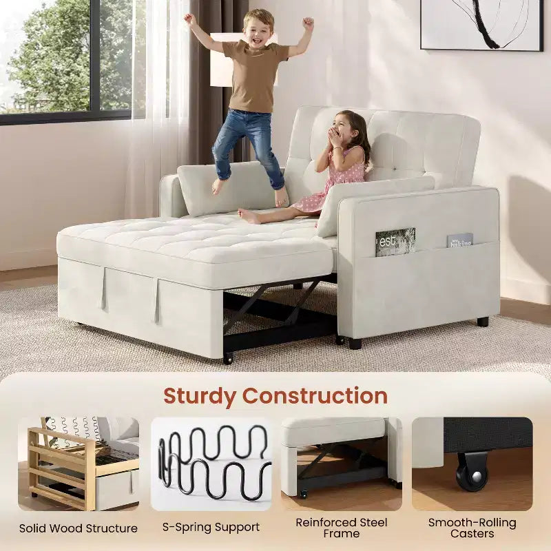 Beige/Black 3-in-1 Convertible Pull-Out Sofa Bed with USB Ports, 2-Seat