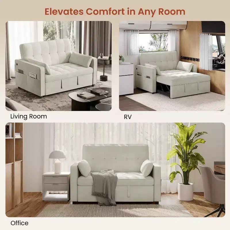 Beige/Black 3-in-1 Convertible Pull-Out Sofa Bed with USB Ports, 2-Seat
