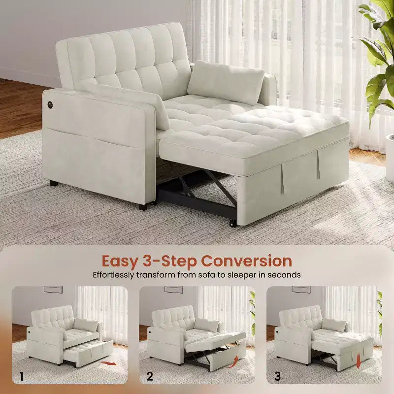 Beige/Black 3-in-1 Convertible Pull-Out Sofa Bed with USB Ports, 2-Seat