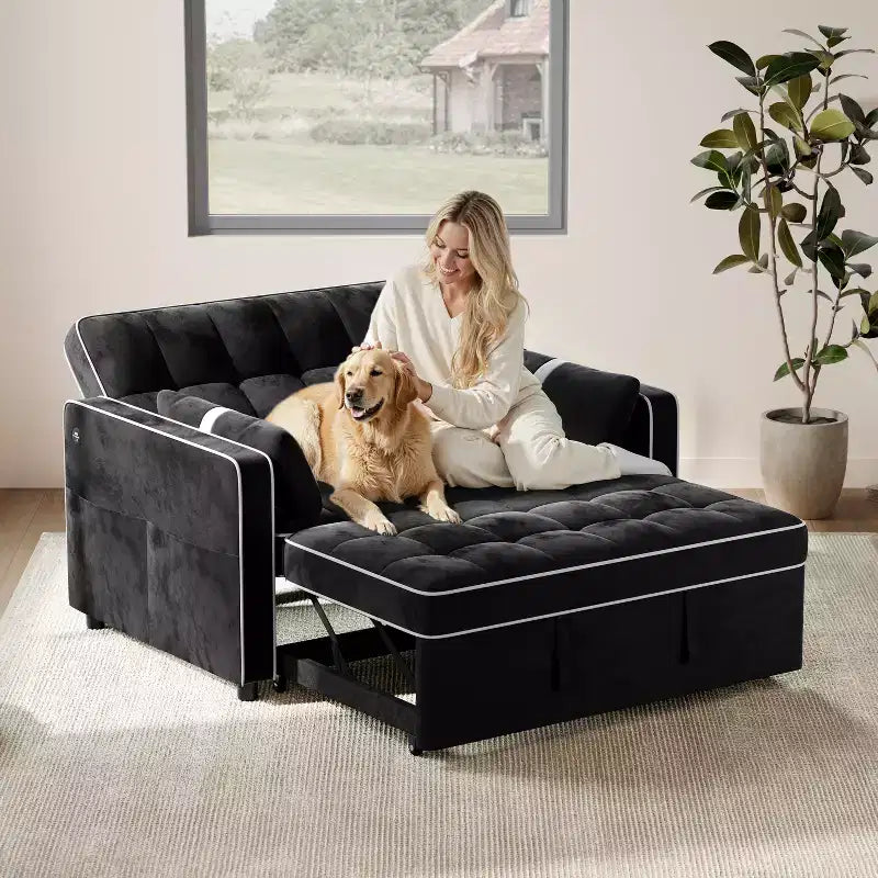 Beige/Black 3-in-1 Convertible Pull-Out Sofa Bed with USB Ports, 2-Seat