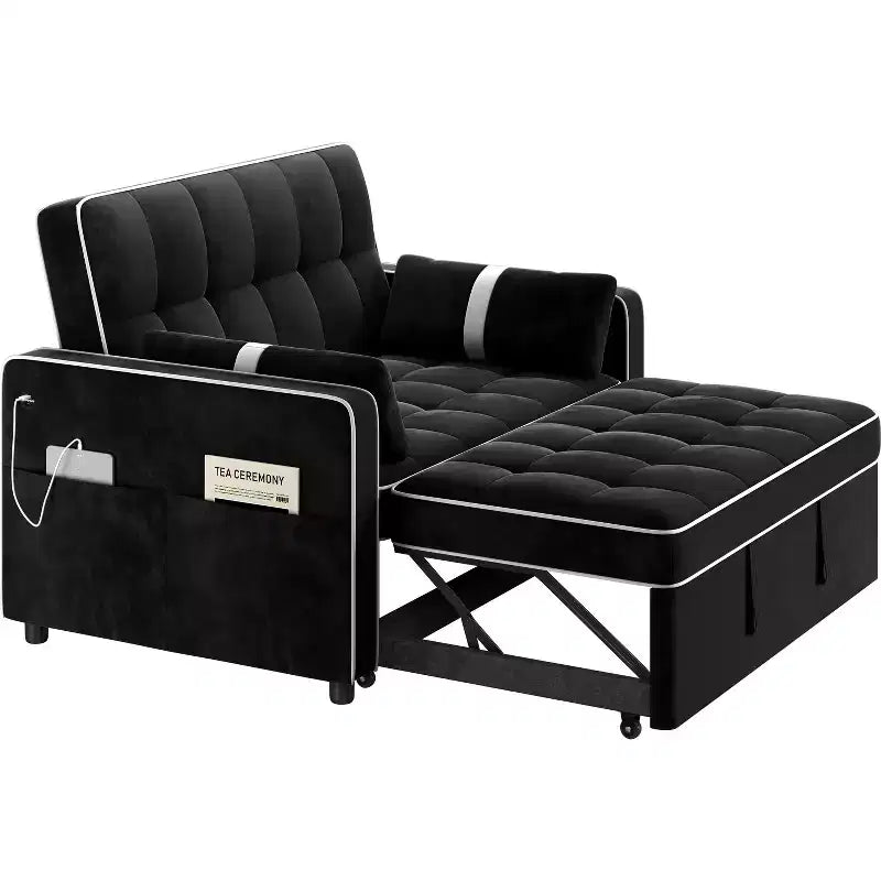 Beige/Black 3-in-1 Convertible Pull-Out Sofa Bed with USB Ports, 2-Seat