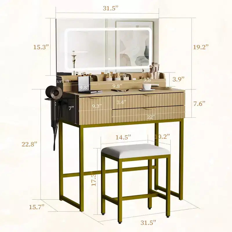 Black Vanity Desk with LED Mirror, 2 Drawers & Stool, 1-Person