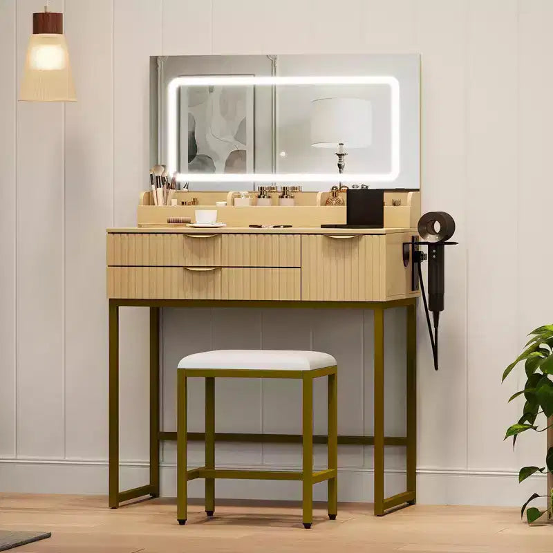 Black Vanity Desk with LED Mirror, 2 Drawers & Stool, 1-Person
