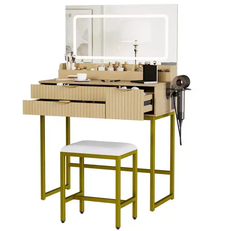 Black Vanity Desk with LED Mirror, 2 Drawers & Stool, 1-Person