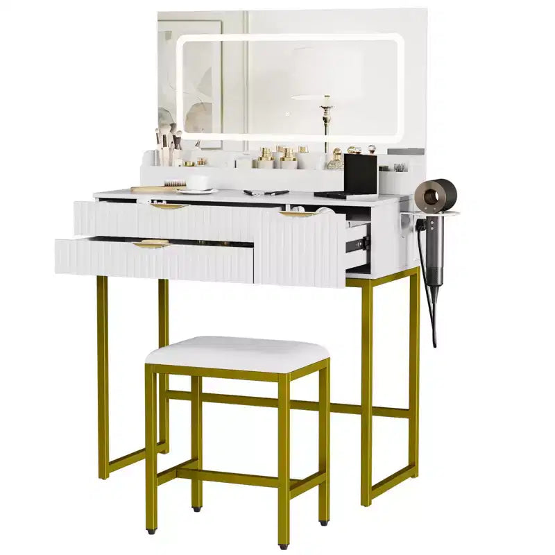 Black Vanity Desk with LED Mirror, 2 Drawers & Stool, 1-Person