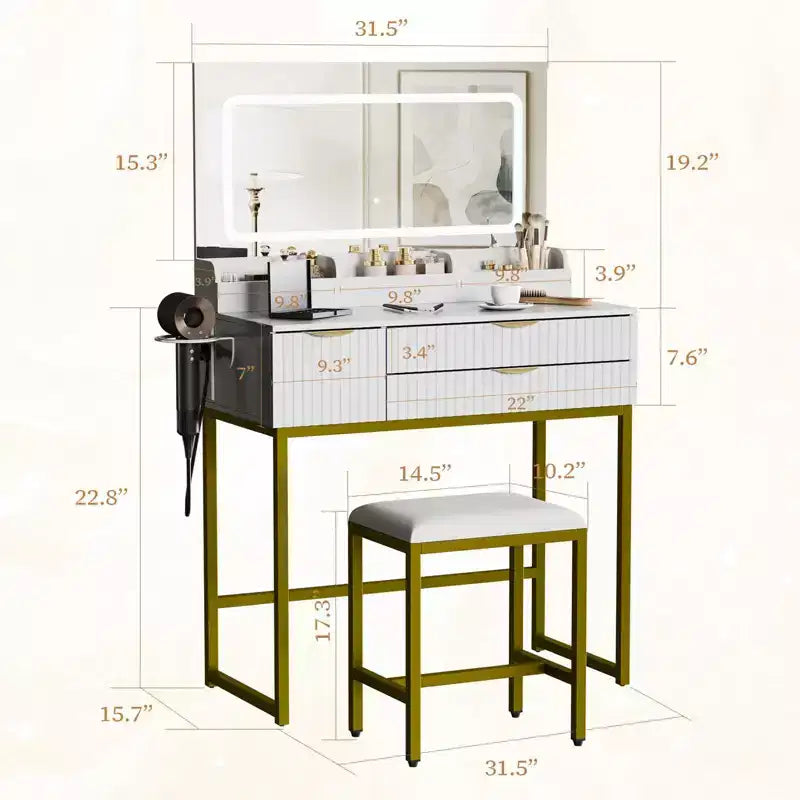Black Vanity Desk with LED Mirror, 2 Drawers & Stool, 1-Person