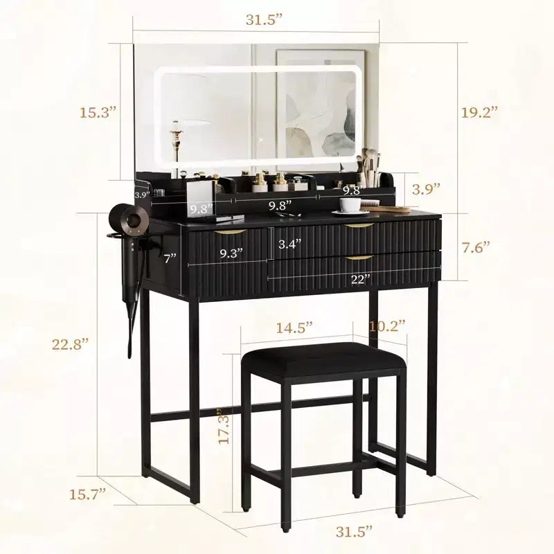 Black Vanity Desk with LED Mirror, 2 Drawers & Stool, 1-Person