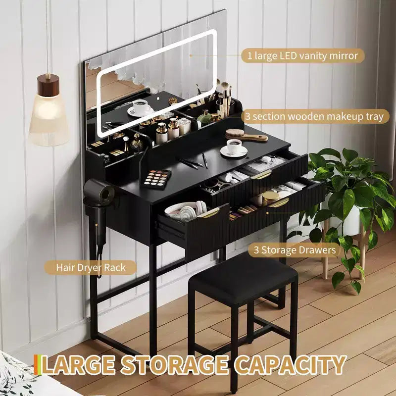 Black Vanity Desk with LED Mirror, 2 Drawers & Stool, 1-Person