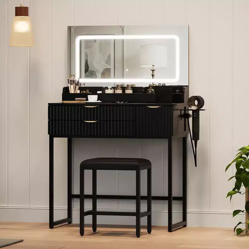 Black Vanity Desk with LED Mirror, 2 Drawers & Stool, 1-Person