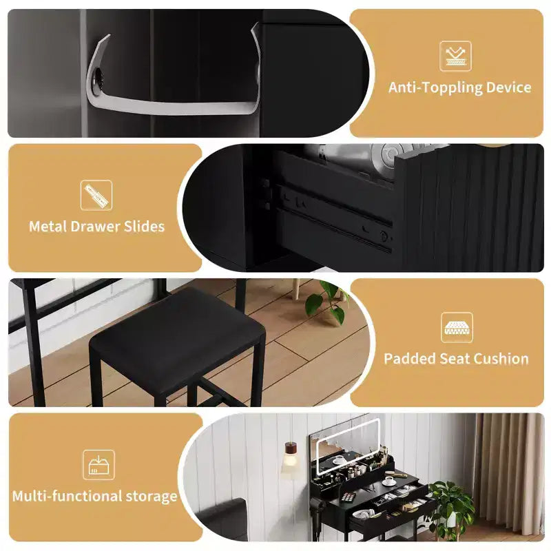Black Vanity Desk with LED Mirror, 2 Drawers & Stool, 1-Person