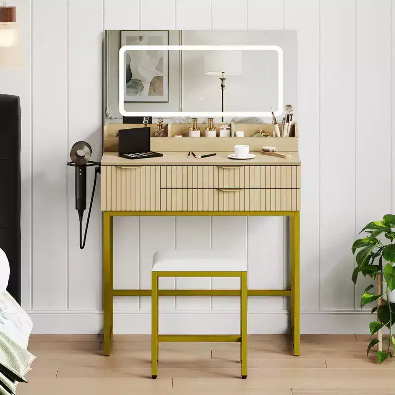 Black Vanity Desk with LED Mirror, 2 Drawers & Stool, 1-Person