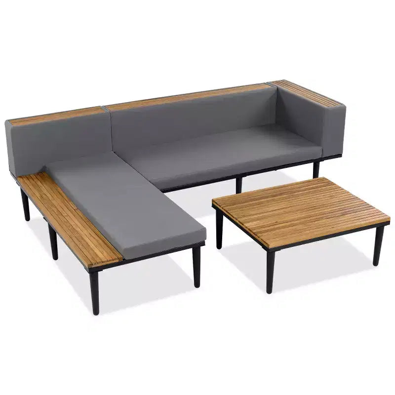 Canapé d'angle en L 4 pièces, en bois d'acacia, avec coussins et table basse, pour jardin, porche, arrière-cour - Panipeachy