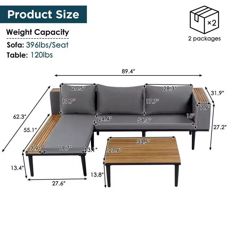 Canapé d'angle en L 4 pièces, en bois d'acacia, avec coussins et table basse, pour jardin, porche, arrière-cour - Panipeachy