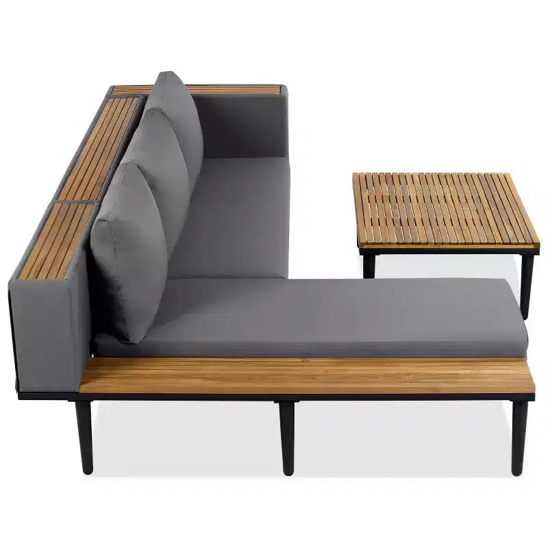 Canapé d'angle en L 4 pièces, en bois d'acacia, avec coussins et table basse, pour jardin, porche, arrière-cour - Panipeachy
