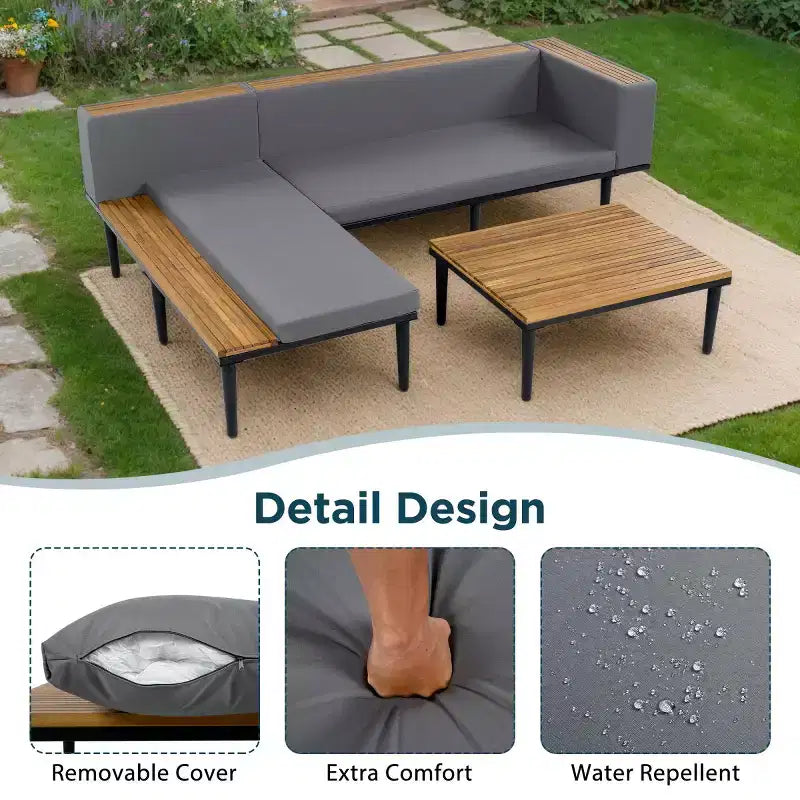 Canapé d'angle en L 4 pièces, en bois d'acacia, avec coussins et table basse, pour jardin, porche, arrière-cour - Panipeachy
