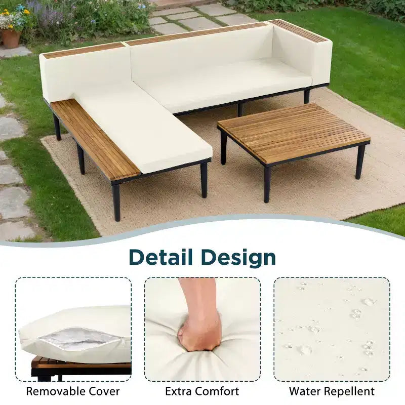 Canapé d'angle en L 4 pièces, en bois d'acacia, avec coussins et table basse, pour jardin, porche, arrière-cour - Panipeachy