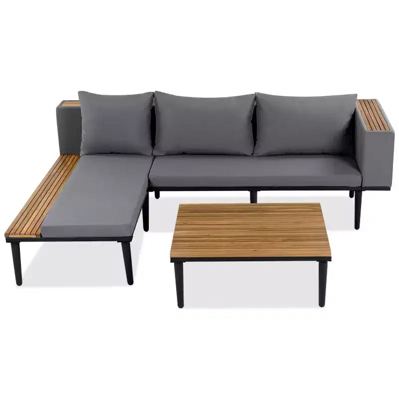 Canapé d'angle en L 4 pièces, en bois d'acacia, avec coussins et table basse, pour jardin, porche, arrière-cour - Panipeachy