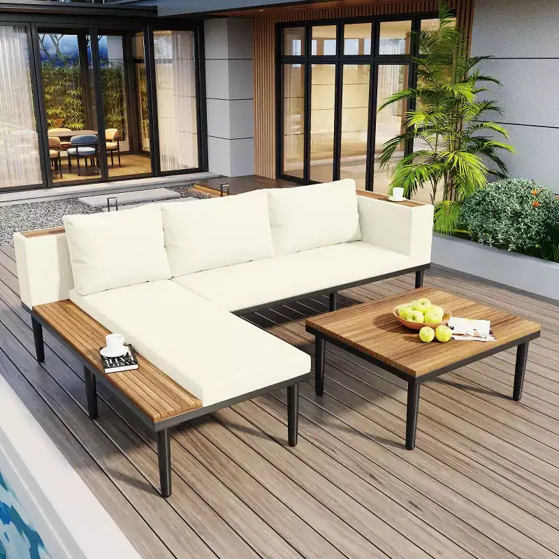 4-Piece L-Shaped Patio Sectional Sofa Set, Acacia Wood Outdoor Furniture with Cushions, Coffee Table for Garden, Porch, Backyard-Panipeachy