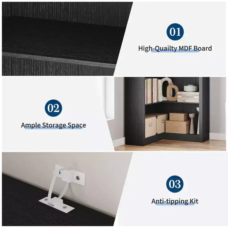 Black/White 5-Tier L-Shaped Corner Bookcase, 71.8"H, for 1 Person