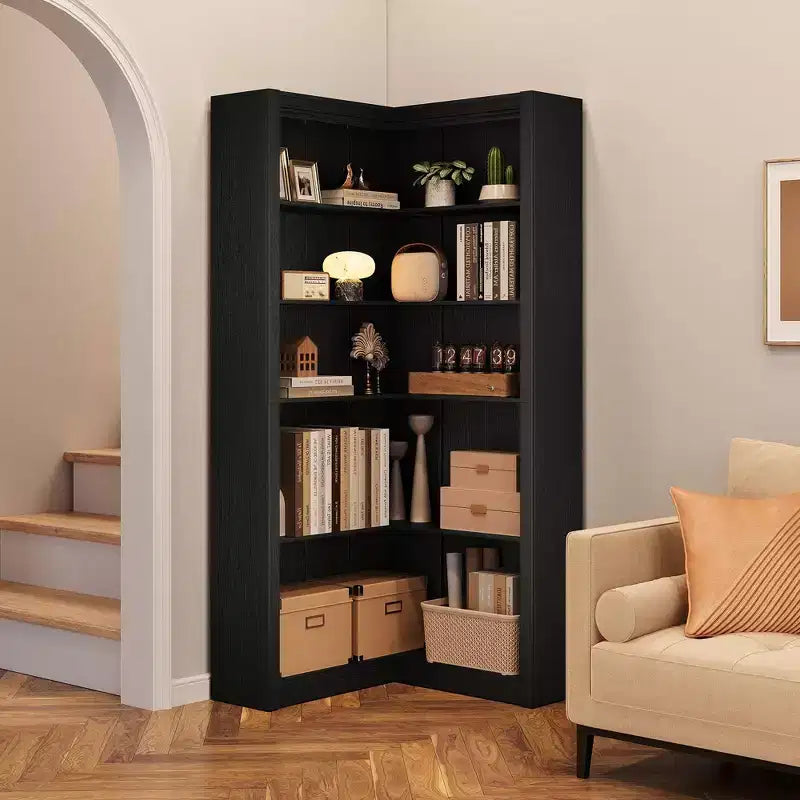 Black/White 5-Tier L-Shaped Corner Bookcase, 71.8"H, for 1 Person