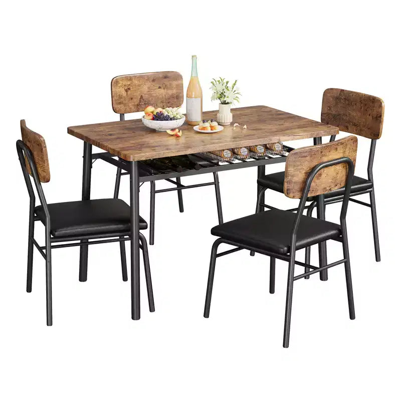Ensemble Table à Manger pour 4 Personnes - Table et Chaises de Cuisine 5 Pièces avec Étagère de Rangement, Plateau en Bois, Structure en Métal Robuste, Sièges RembourrésGain de Place