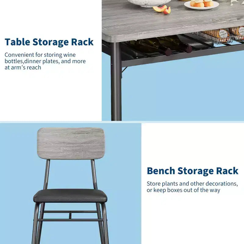 Ensemble Table à Manger pour 4 Personnes - Table et Chaises de Cuisine 5 Pièces avec Étagère de Rangement, Plateau en Bois, Structure en Métal Robuste, Sièges RembourrésGain de Place