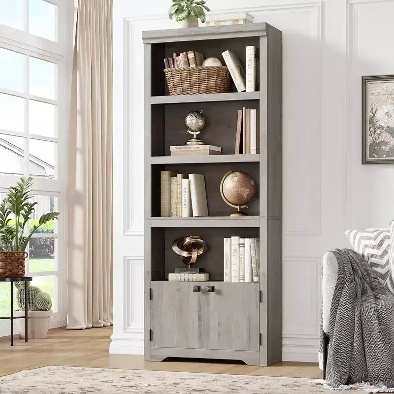 Black Farmhouse Bookcase with 2 Doors, 5-Tier, Single