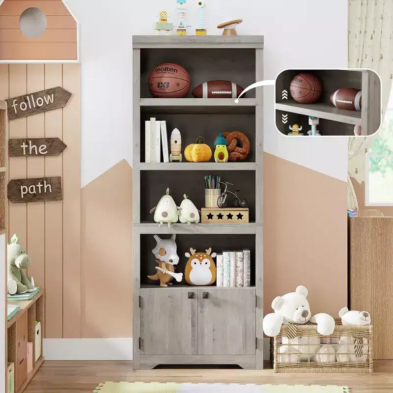 Black Farmhouse Bookcase with 2 Doors, 5-Tier, Single