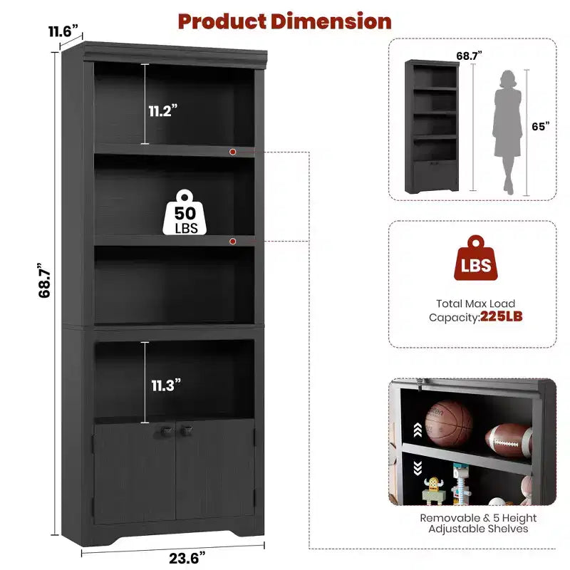 Black Farmhouse Bookcase with 2 Doors, 5-Tier, Single