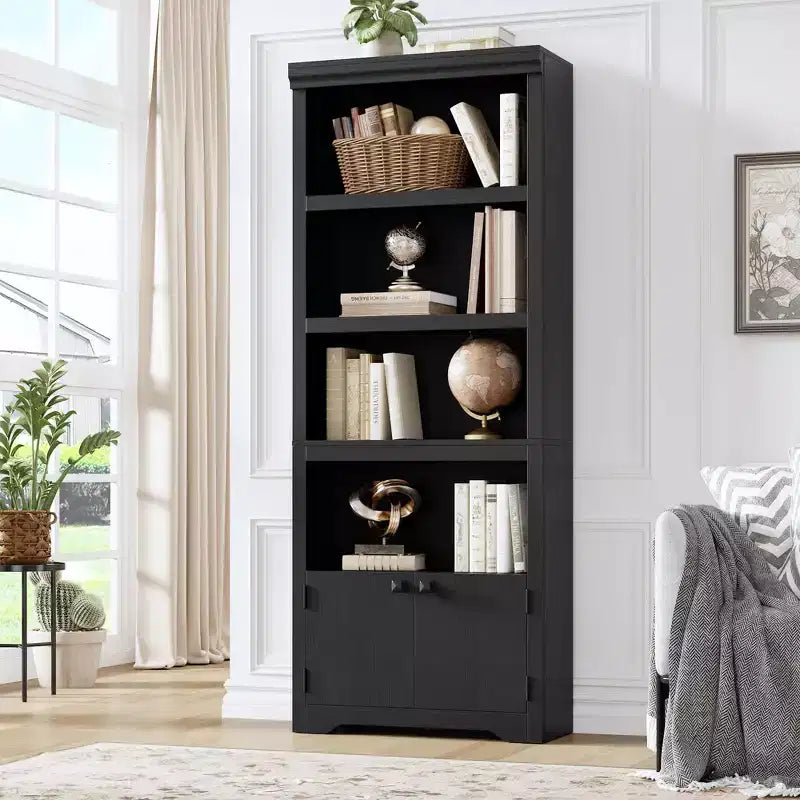 Black Farmhouse Bookcase with 2 Doors, 5-Tier, Single