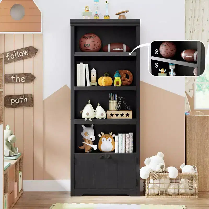 Black Farmhouse Bookcase with 2 Doors, 5-Tier, Single