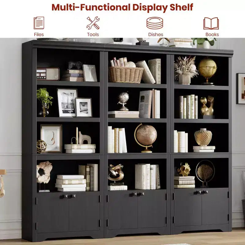Black Farmhouse Bookcase with 2 Doors, 5-Tier, Single