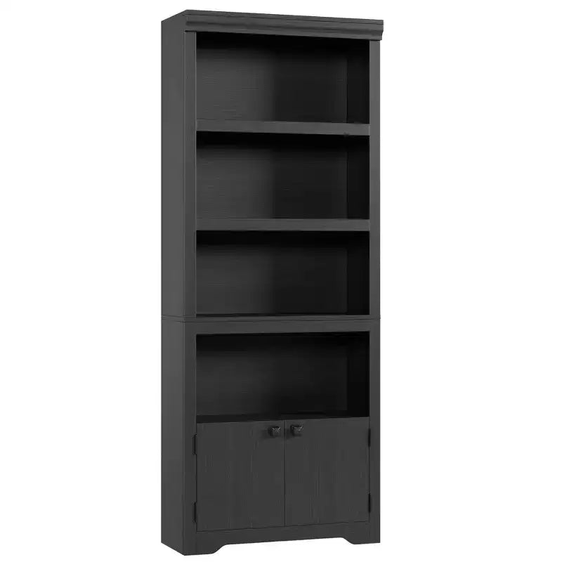 Black Farmhouse Bookcase with 2 Doors, 5-Tier, Single
