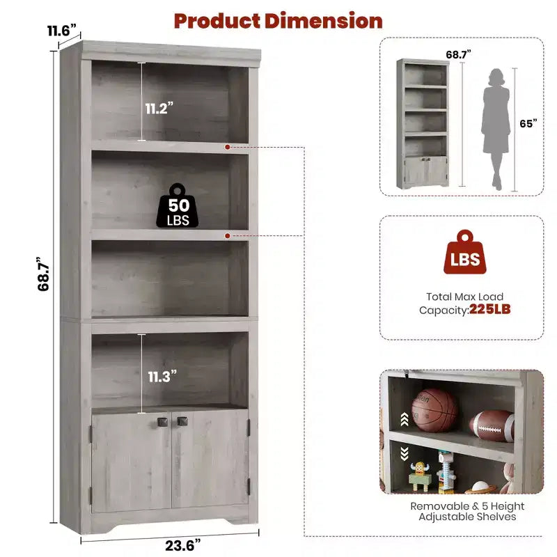Black Farmhouse Bookcase with 2 Doors, 5-Tier, Single