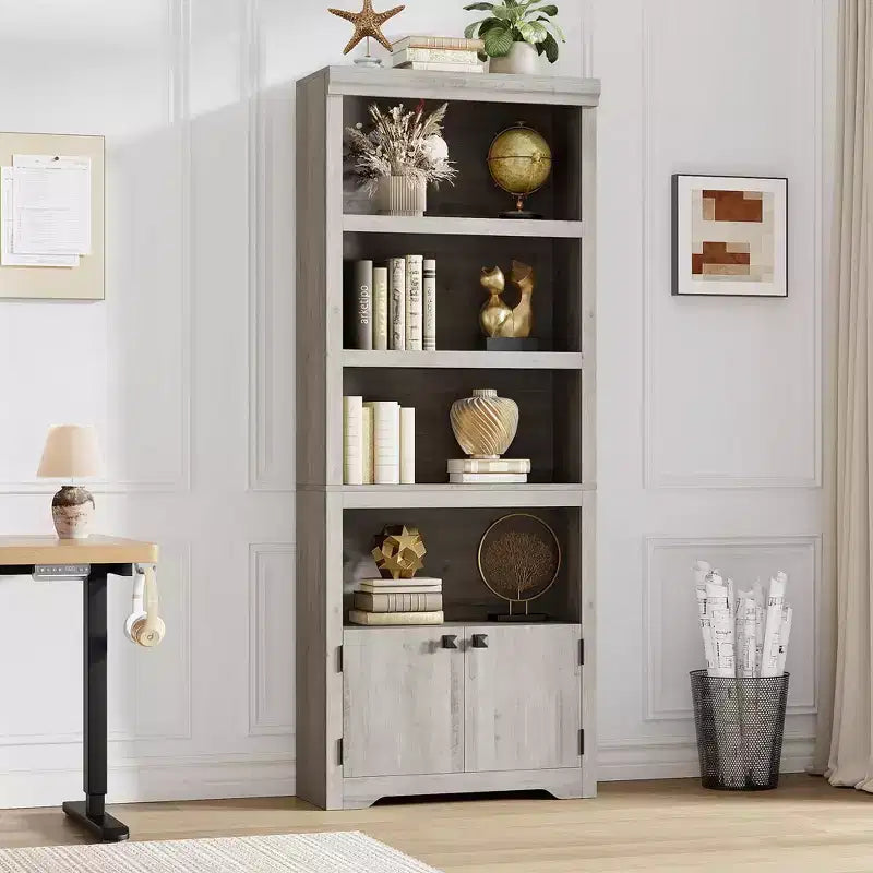 Black Farmhouse Bookcase with 2 Doors, 5-Tier, Single